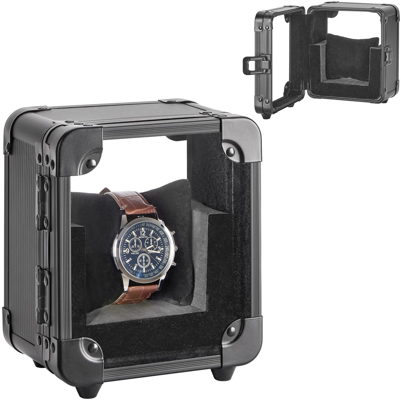 Vilcjson Aluminum Watch Box - Men Watch Display Case with Clear Acrylic Lid Single Watch Organizer Box Watch Storage Holder Watch Case with Removable Watch Pillow Black 5.12 x 3.74 x 6.3 Inches