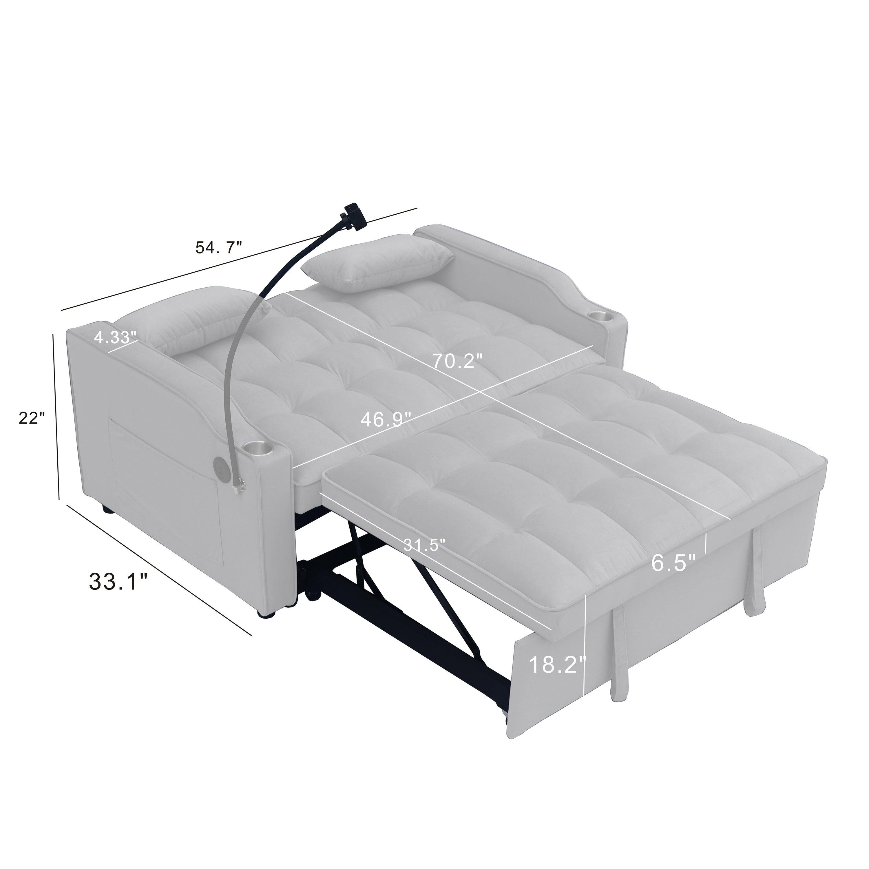 Modern Velvet Loveseat Futon Sofa Couch with Pullout Bed, Adjustable Backrest, Toss Pillows, Light Gray