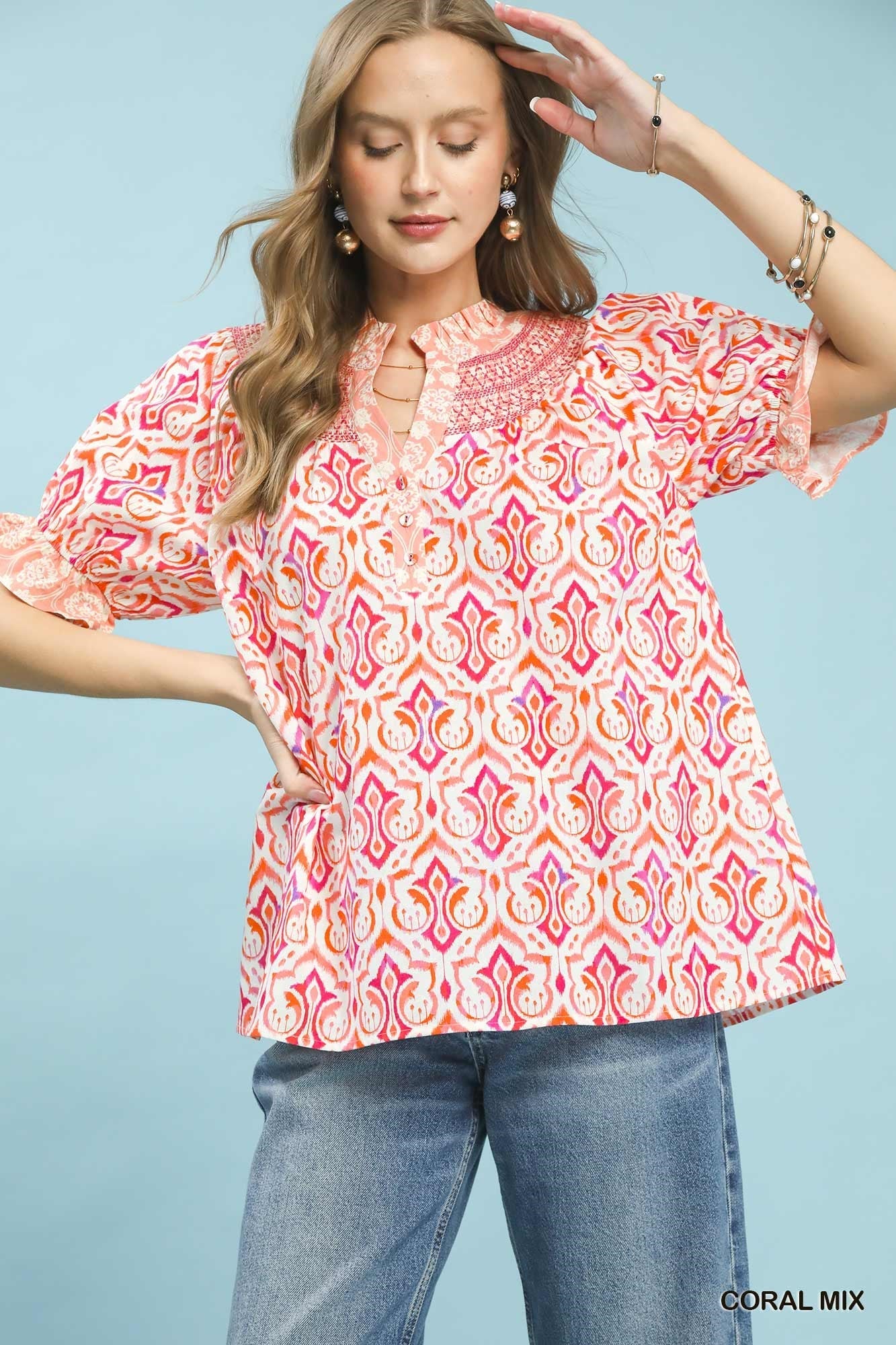 Umgee Mix Boho Puff Sleeve Smocked Top