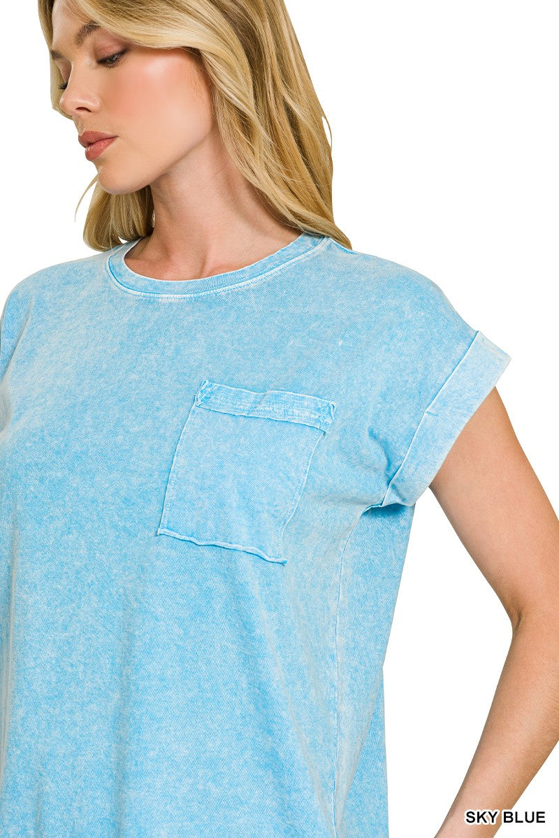 Zenana Halo Snow Washed Cuffed Short Sleeve Tee