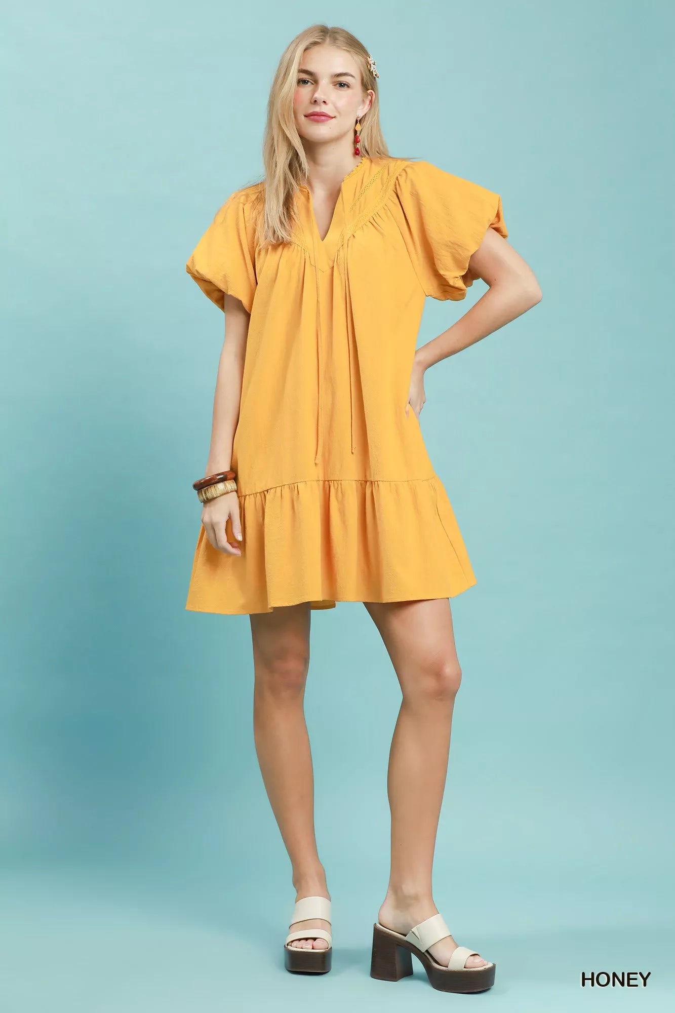 Umgee Flutter Sleeve Tassel Tie Ruffle Hem Mini Dress