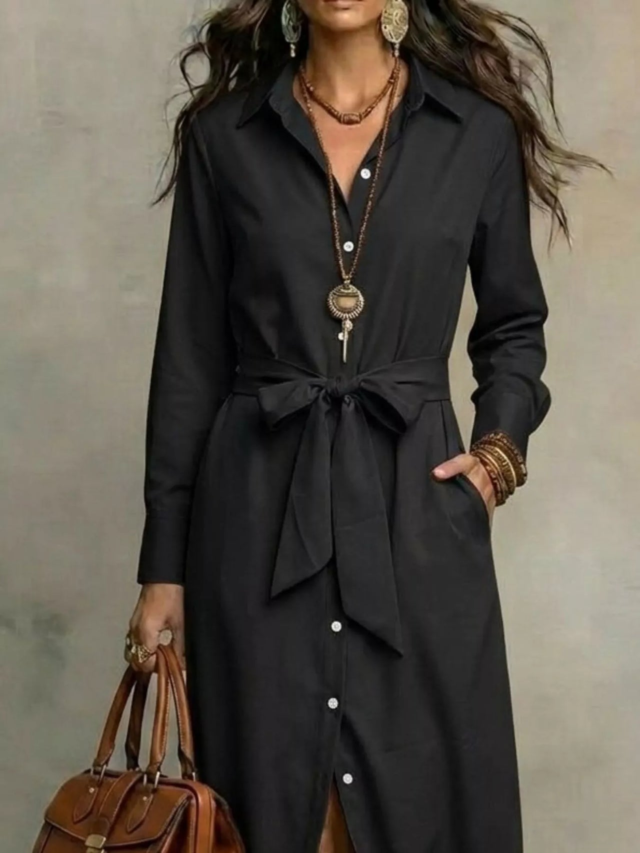 Full Size Tie Waist Long Sleeve Shirt Dress Plus Size