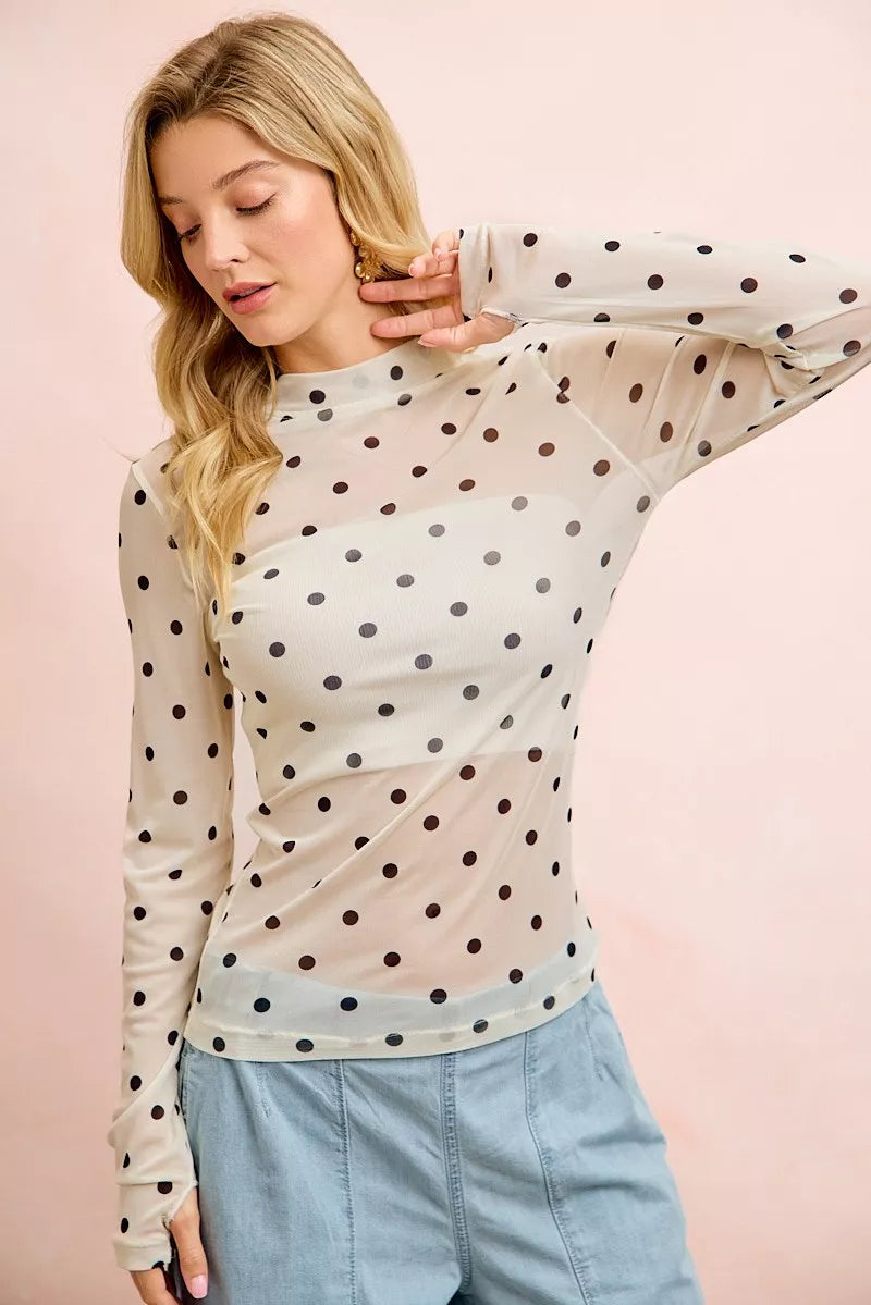 BiBi High Neck Line Polka Dots Mesh Top With Thumb Open