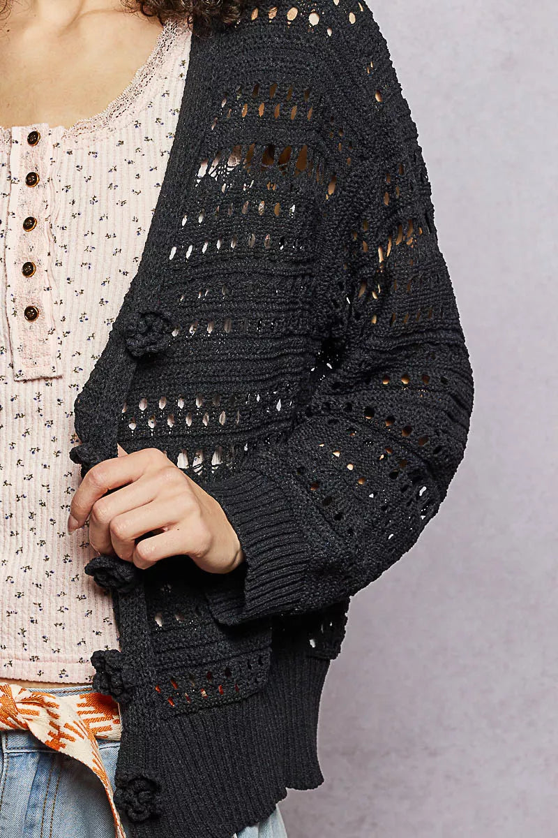 POL Open-Knit Floral Button Cardigan