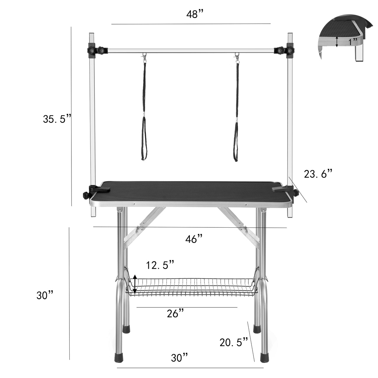 Professional Dog Grooming Table Large Adjustable Heavy Duty Portable with Arm and Noose Mesh Tray in Black Stainless Steel