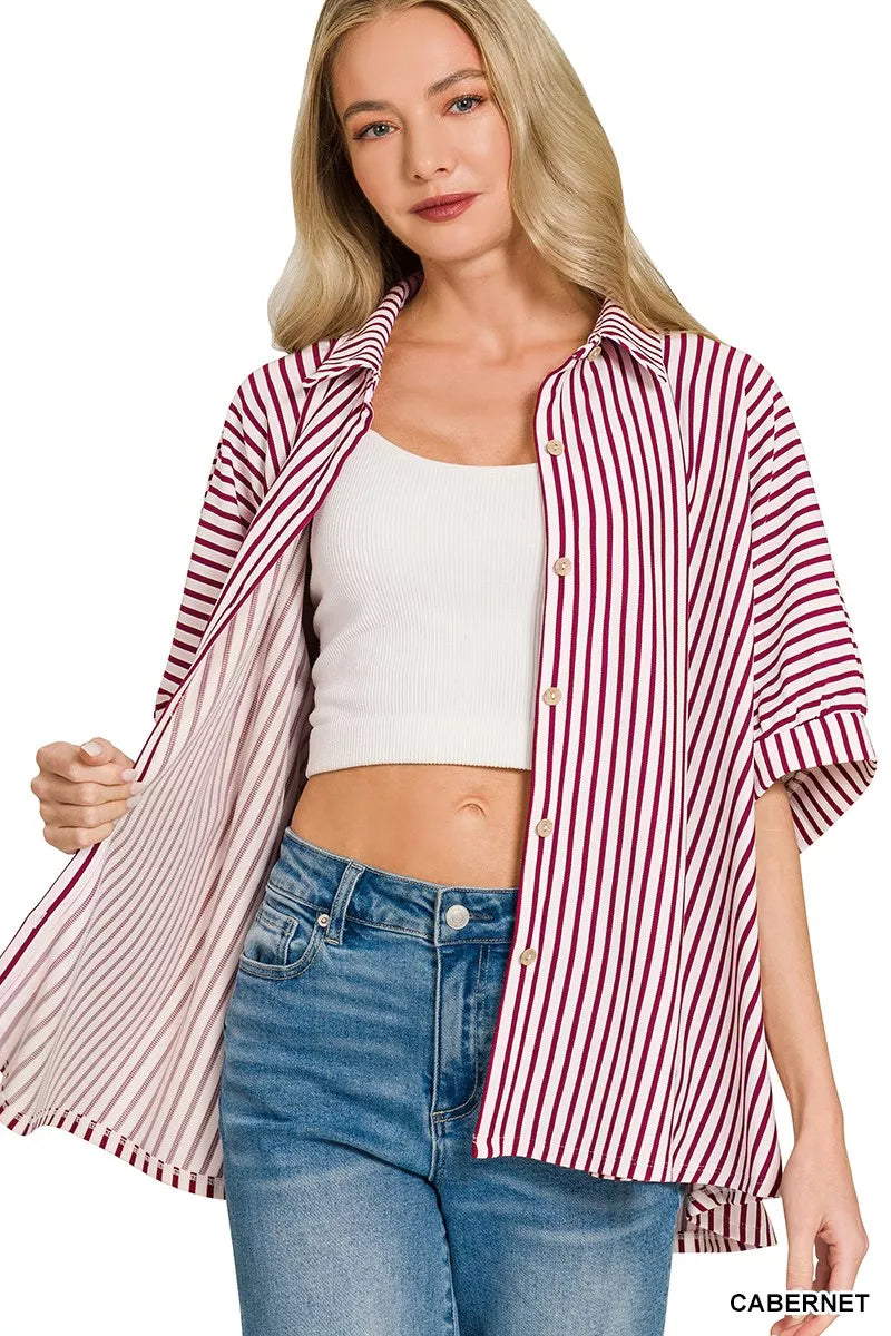 Zenana Oversized Stripe Button Down Shirt