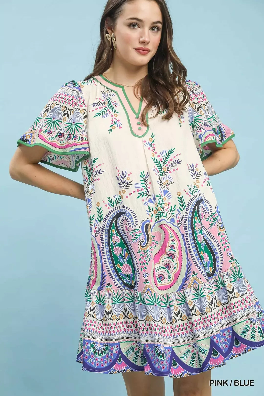 Umgee Paisley Flutter Sleeve Mini Dress