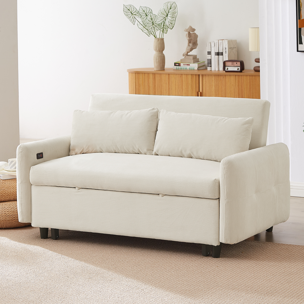 Modern Convertible Pull-out Sofa Bed with USB Ports and Pillows, Beige Corduroy, 57.48 inches
