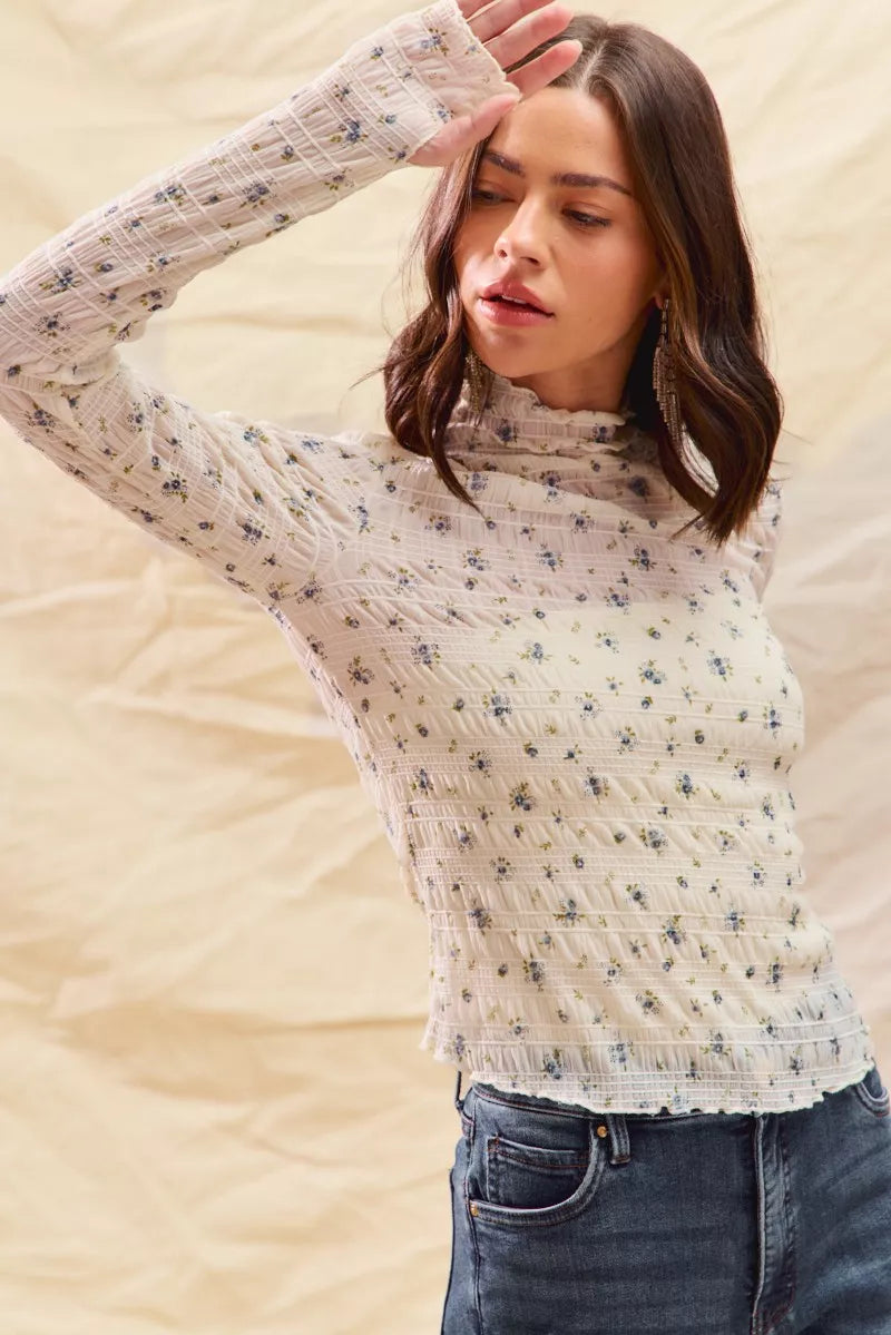 SO ME Floral Print Textured Long Sleeve Knit Top