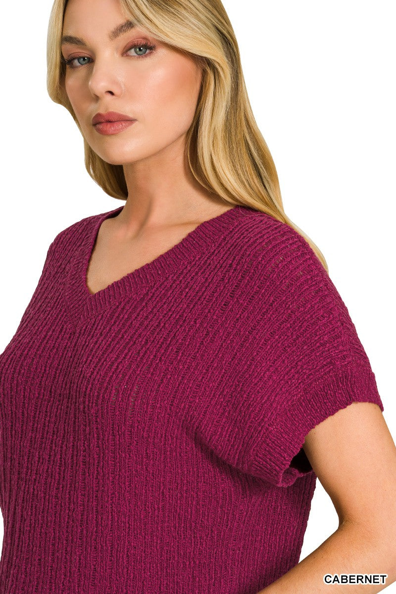 Zenana Textured Knit V-Neck Cropped Sweater