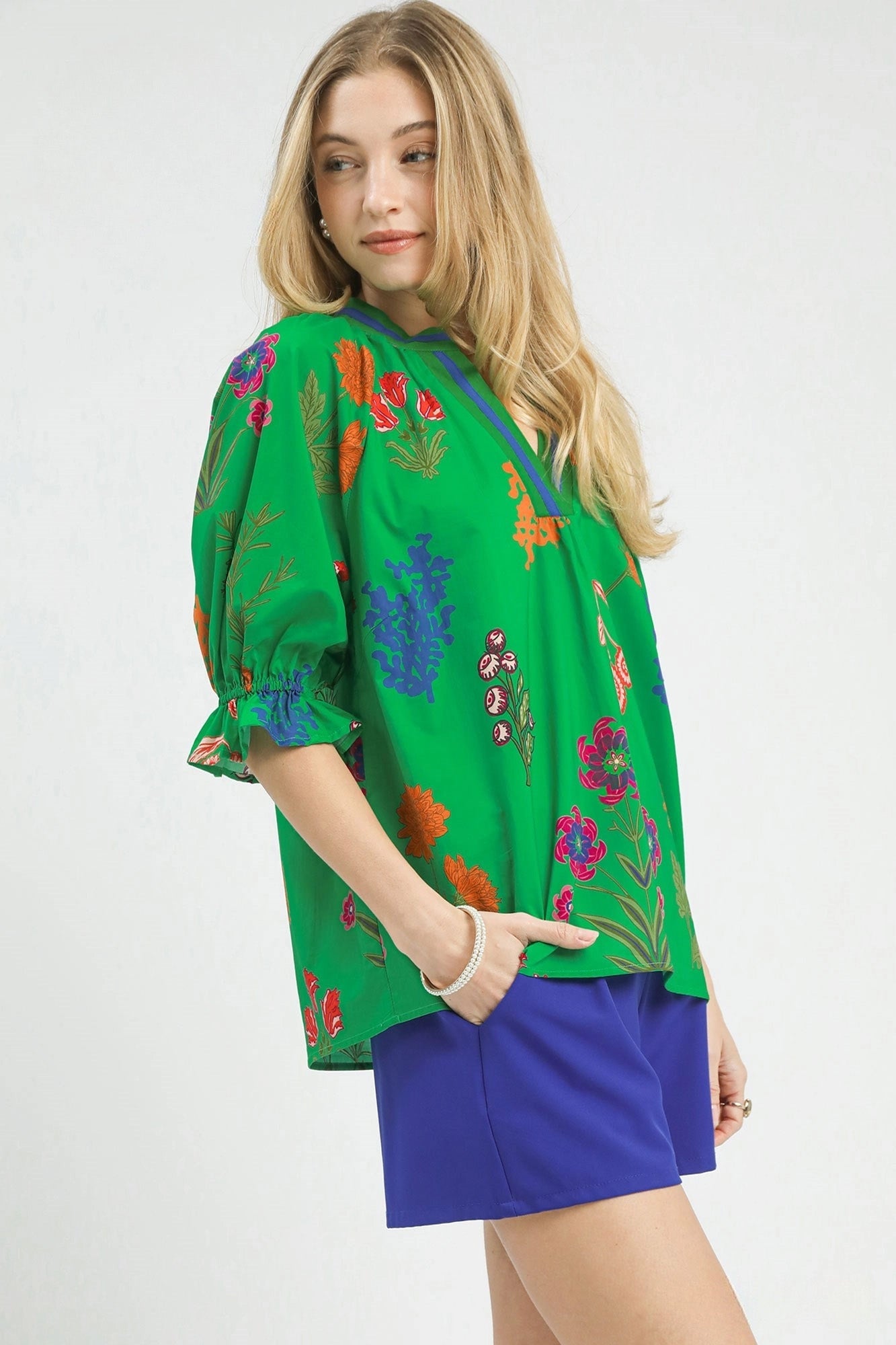 Umgee Floral Split Neck Puff Sleeve Top