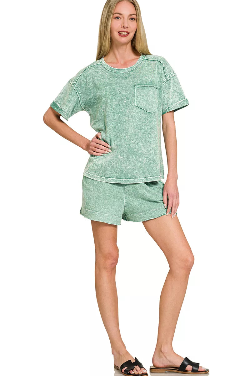 Zenana Halo Snow Washed Exposed Seam Top & Shorts Set