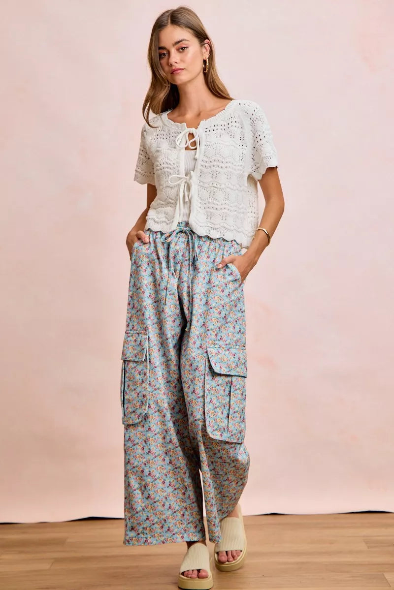 BiBi Front Bow Tie Detail Pointelle Knit Top