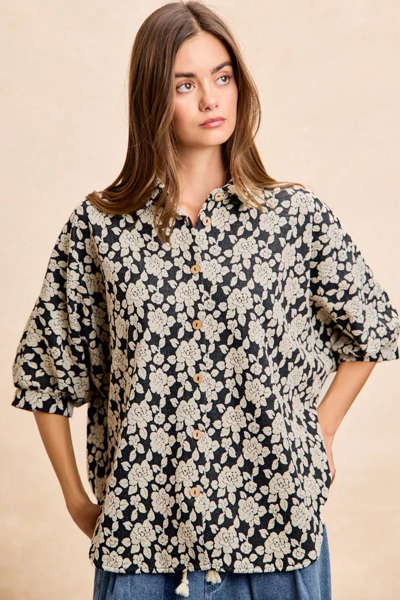 BiBi Floral Jacquard Short Dolman Sleeves Shirt