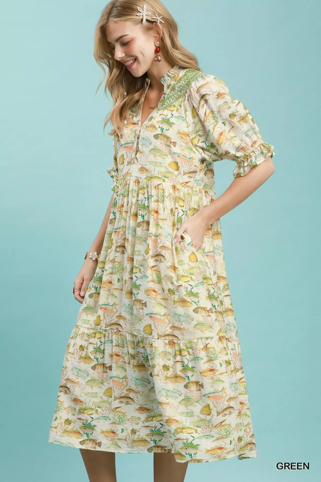 Umgee Print Tiered Midi Dress