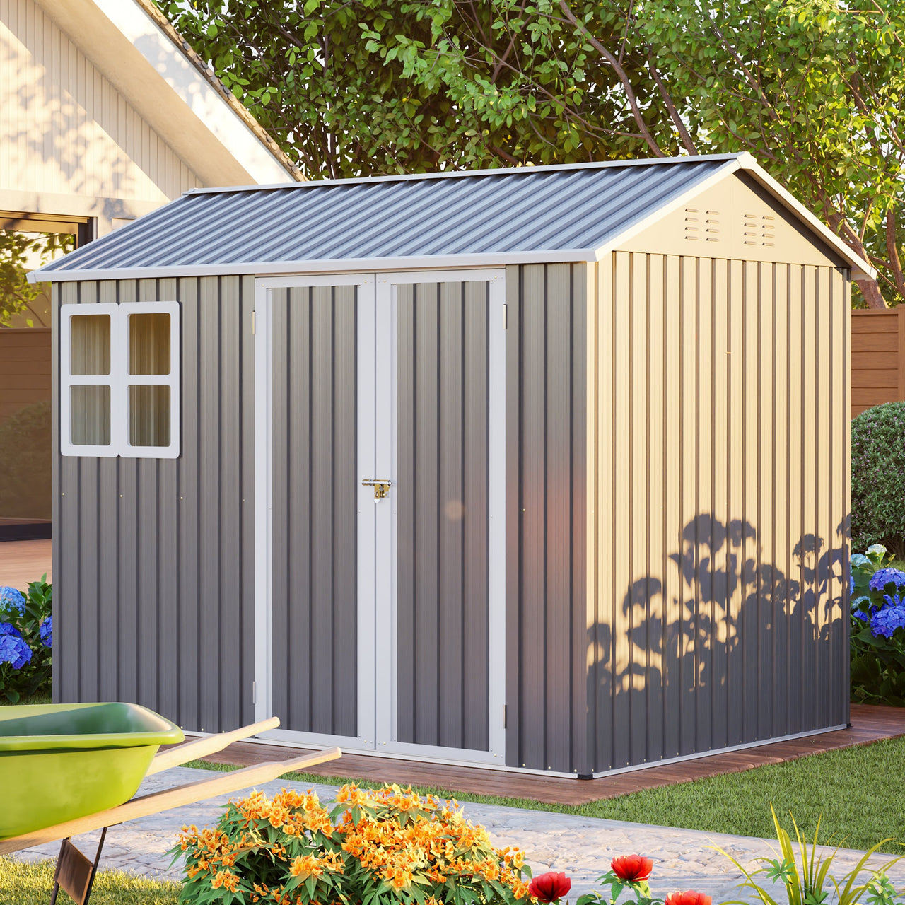 8'x6' Large Steel Storage Shed with Window, Lockable Doors & Sloped Roof, Heavy Duty Outdoor Tool Shed for Garden, Patio, Backyard, Lawn - Dark Gray