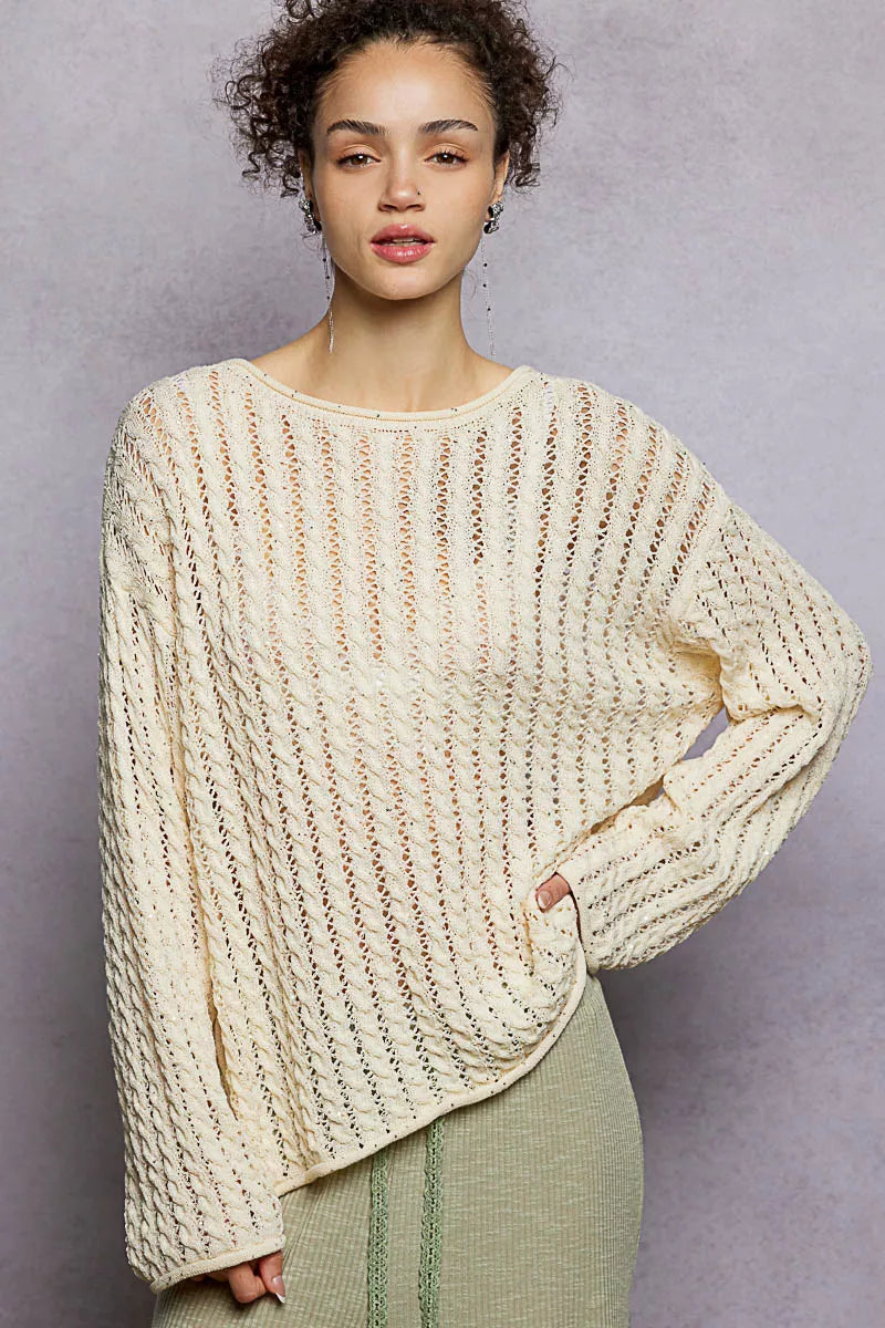 POL Openwork Round Neck Knit Top with Shiny Detail