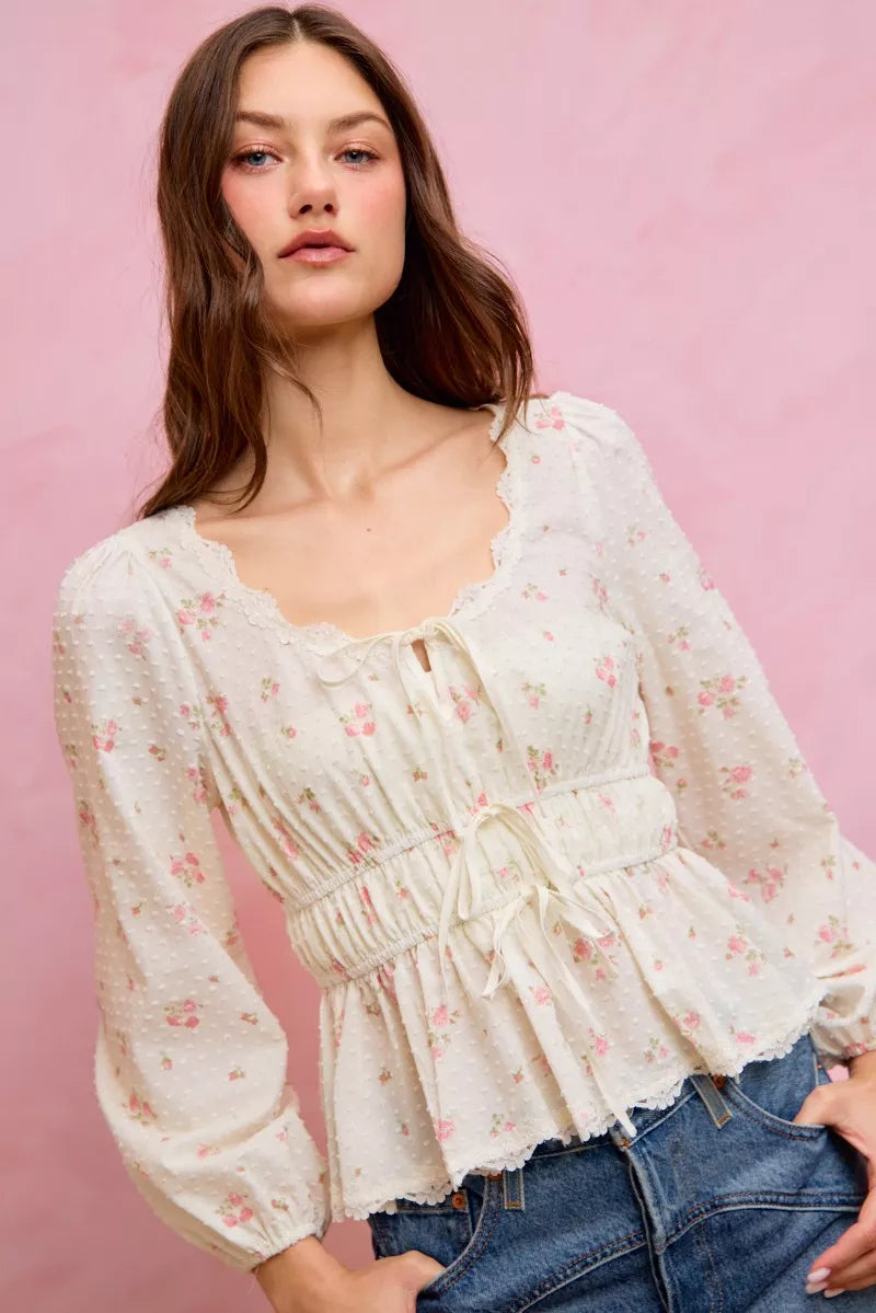 SO ME Floral Clip Dot Lace Trim Ruched Bodice Blouse