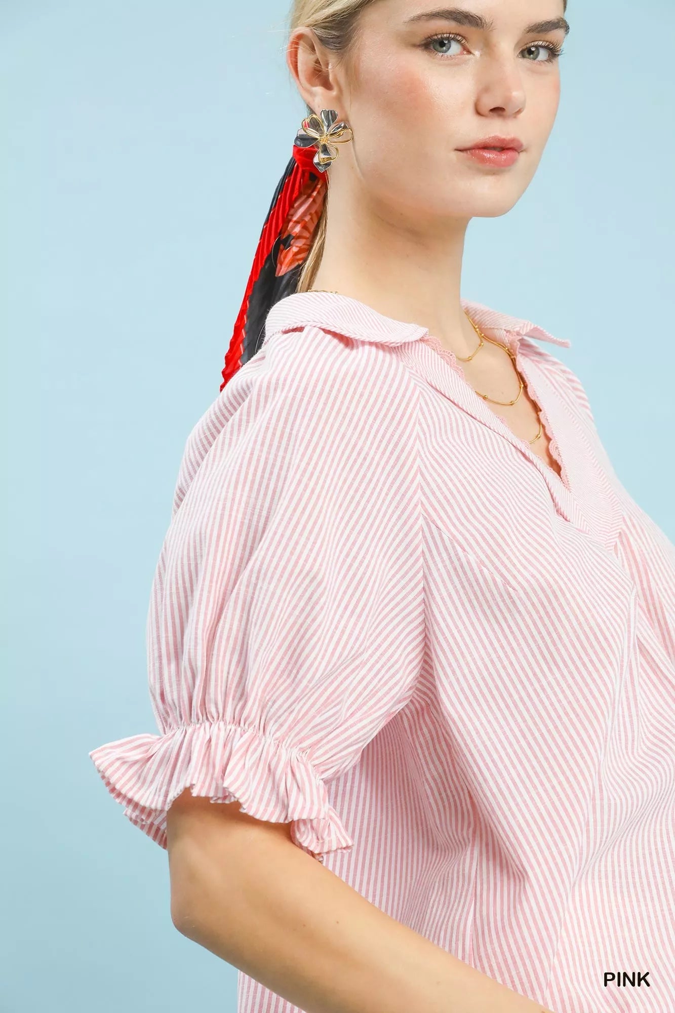 Umgee Pinstripe V-Neck Ruffle Sleeve Blouse