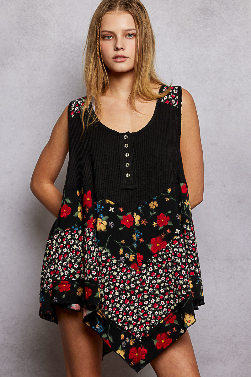 POL Round Neck Ribbed Tank with Woven Print Patch