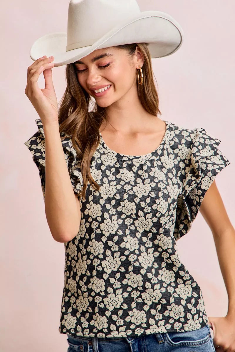 BiBi Floral Jacquard Ruffle Sleeves Knit Top