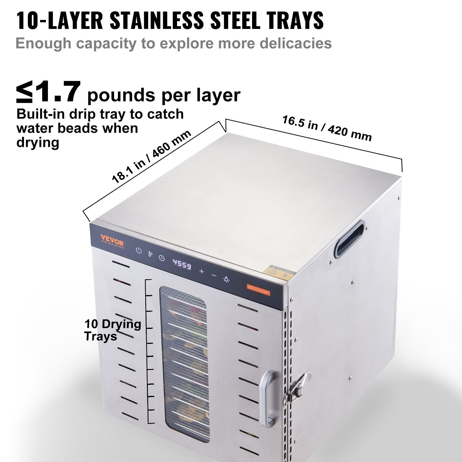 Food Dehydrator Machine, 10 Stainless Steel Trays, 1000W Electric Food Dryer with Digital Adjustable Timer & Temperature for Jerky, Herb, Meat, Beef, Fruit, Dog Treats and Vegetables