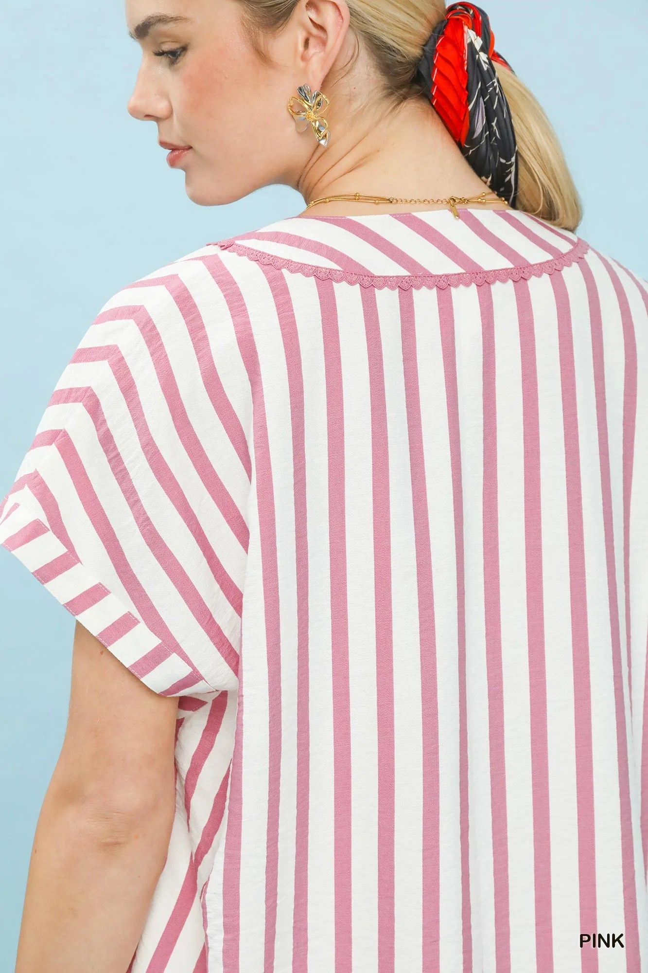 Umgee Mixed Stripe Split Neck Oversized Blouse
