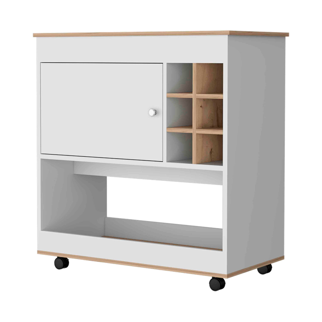 Texas Bar Cart, One Cabinet, Six Bottle Cubbies, One Lower Panel, Four Casters