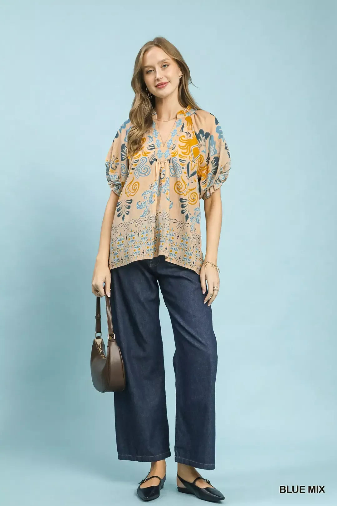 Umgee Border Print Puff Sleeve V-Neck Blouse