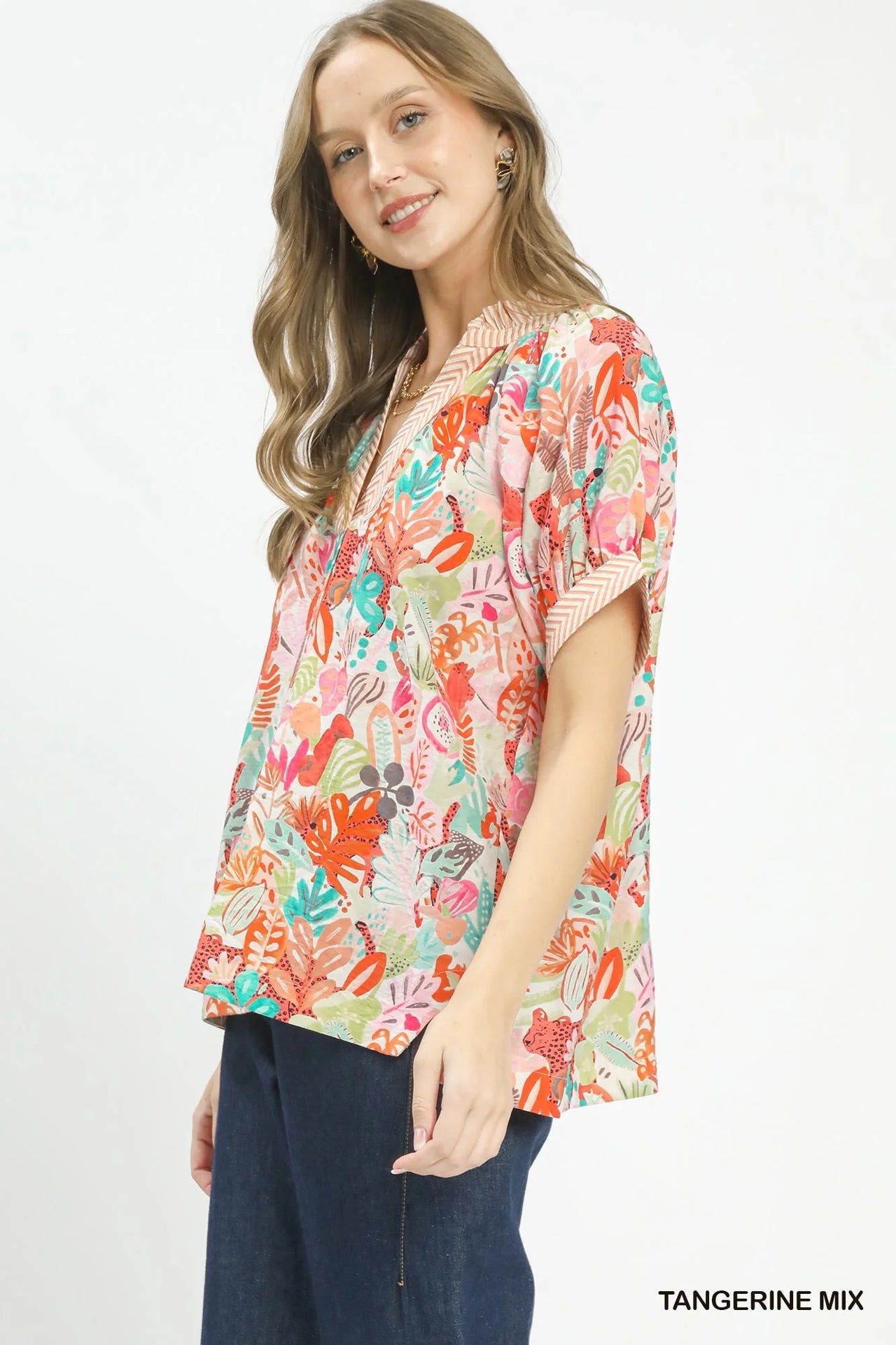 Umgee Mix Boho Printed V-Neck Top