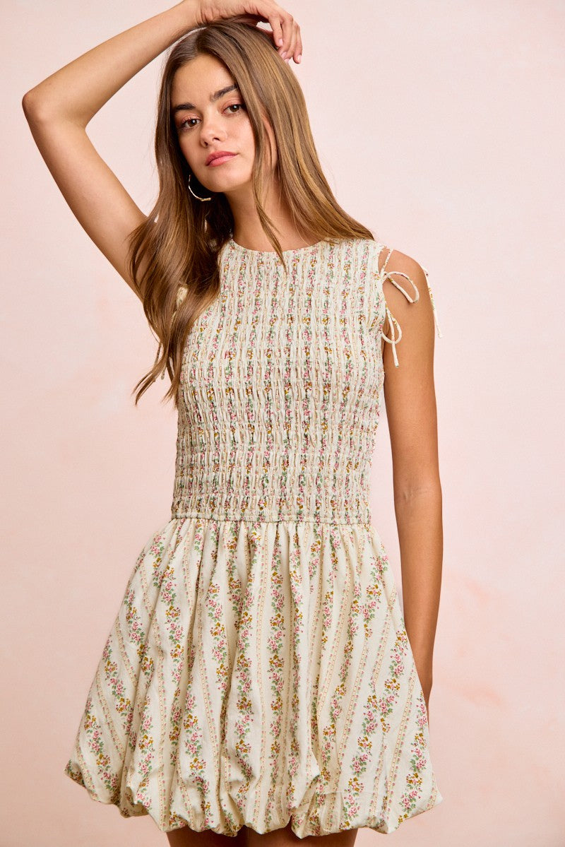 BiBi Floral Bow Tie Attachable Puff Sleeves Dress