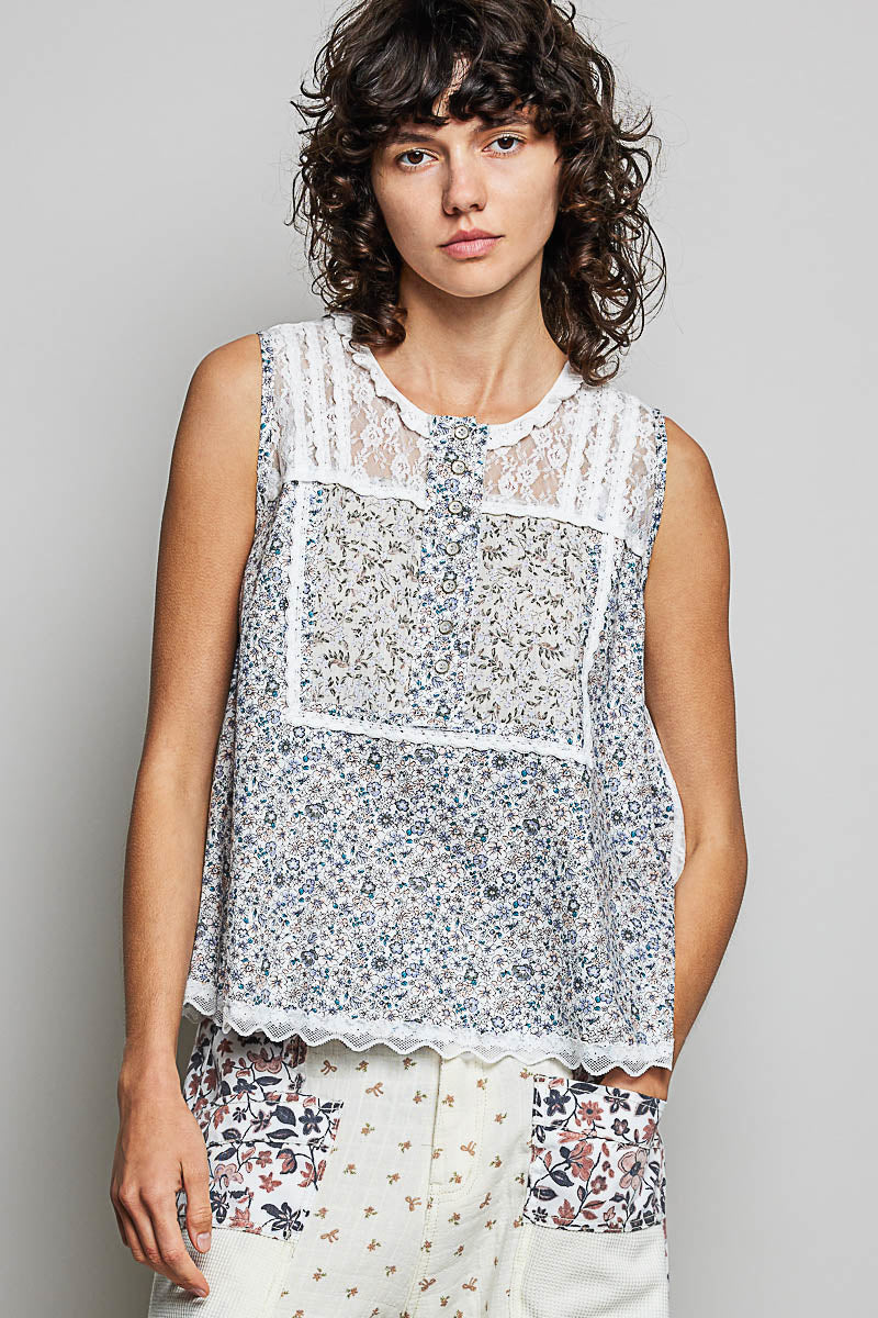 POL Printed Woven Lace Back Round Neck Sleeveless Top