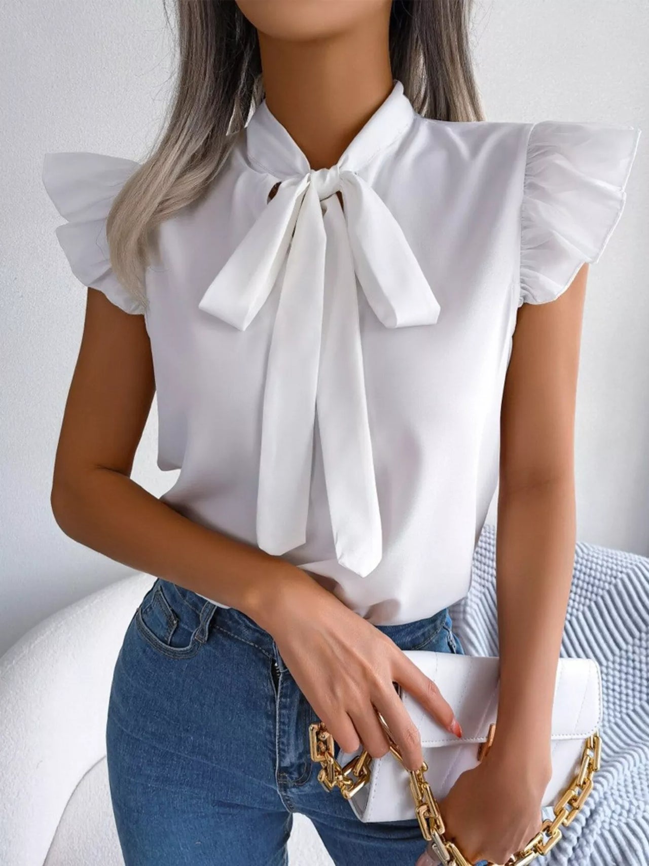 Bow Tie Ruffle Sleeve Blouse