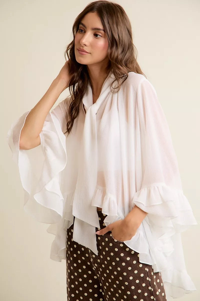 SO ME Sheer Ruffle Bell Sleeves Bow Tie Flowy Blouse Top