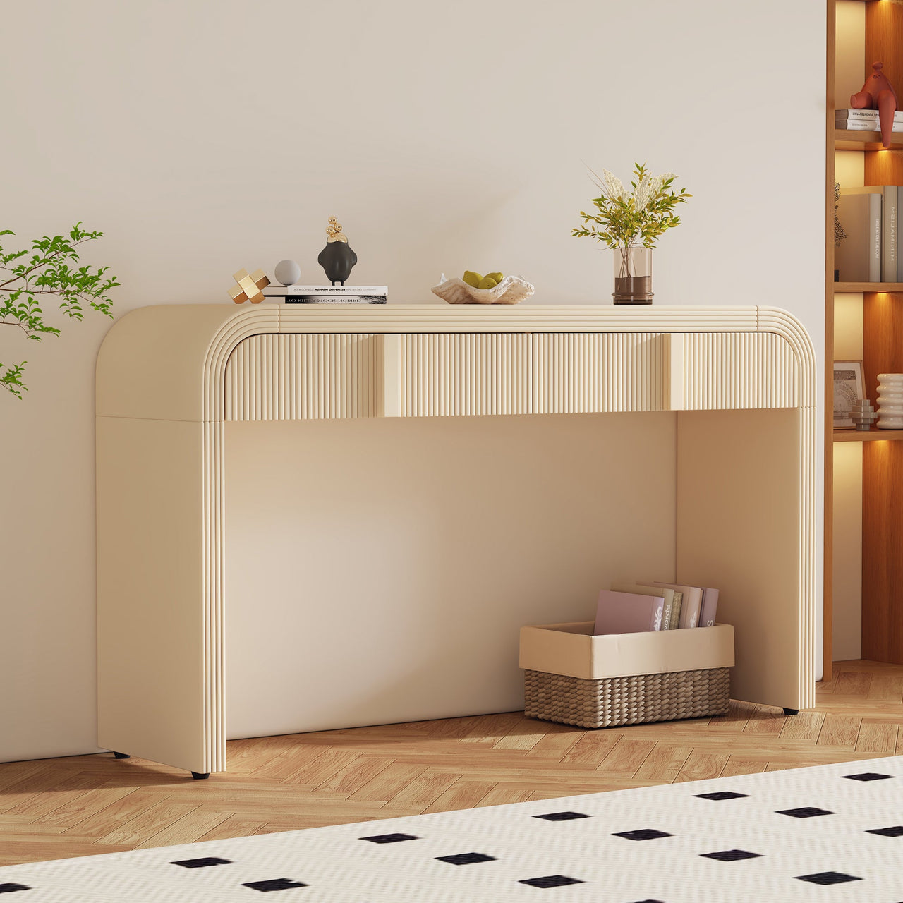 TREXM Modern Console Table with 2 Storage Drawers, Fluted Entryway Table with Rounded Silhouette for Hallway Living Room and Entryway (Apricot Cream)