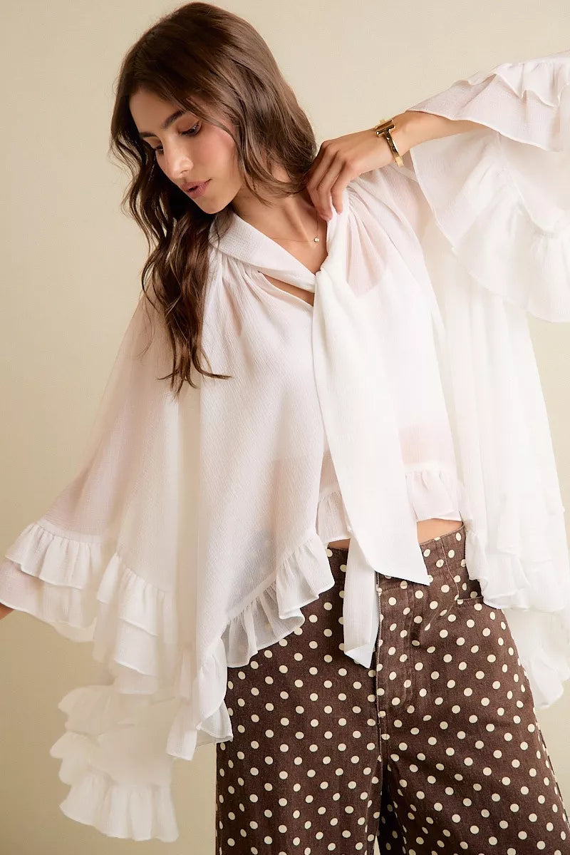 SO ME Sheer Ruffle Bell Sleeves Bow Tie Flowy Blouse Top