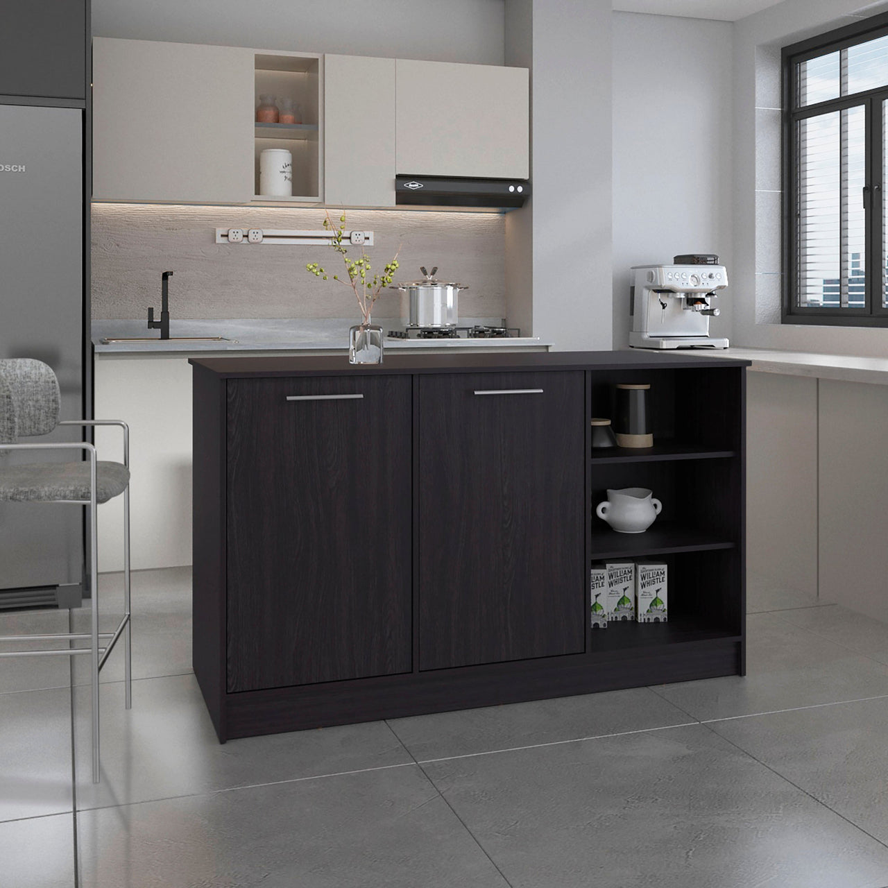 Kitchen Island Two Cabinets, Three Open Shelves