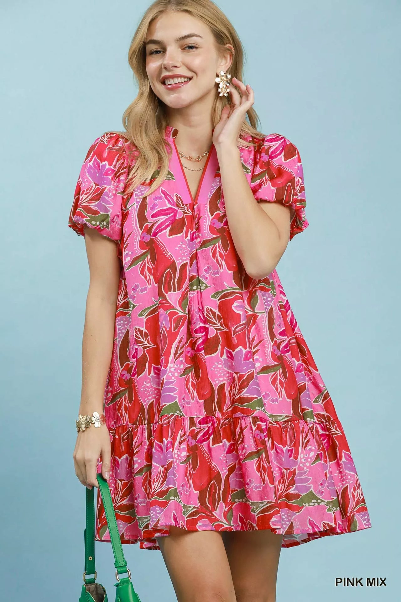Umgee Tropical Floral Puff Sleeve Tiered Mini Dress