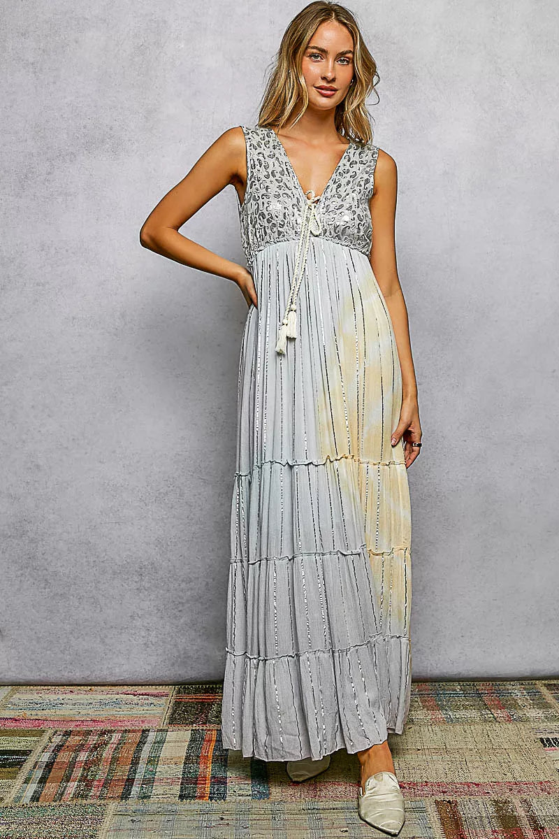 POL Deep V Sleeveless Cotton Bohemian Tiered Maxi Dress
