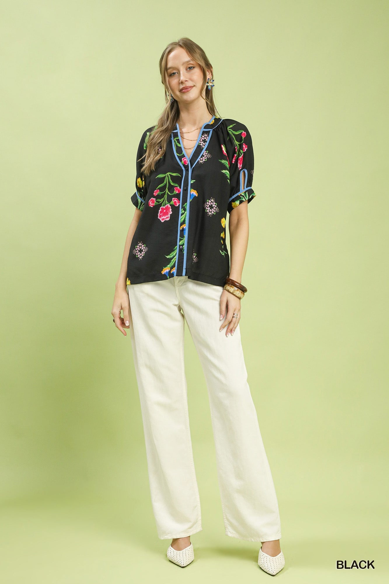 Umgee Botanical Print Contrast Trim Button Blouse