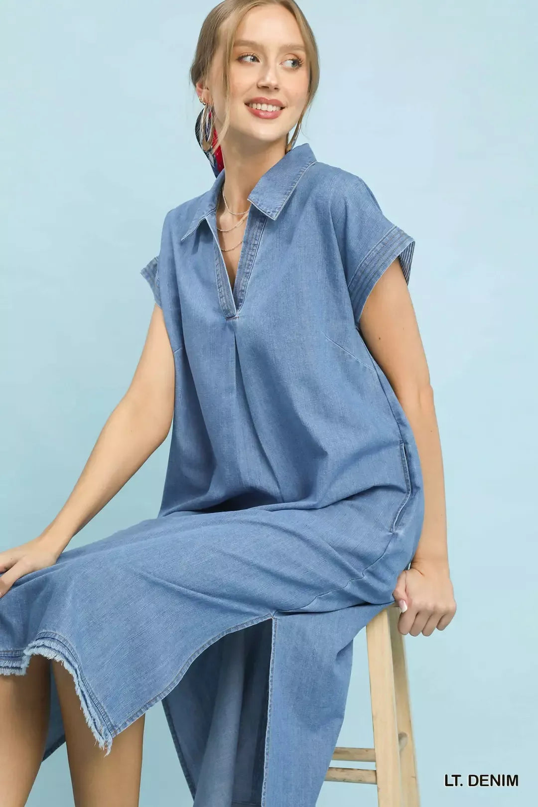Umgee Stone Washed Collared Denim Midi Dress