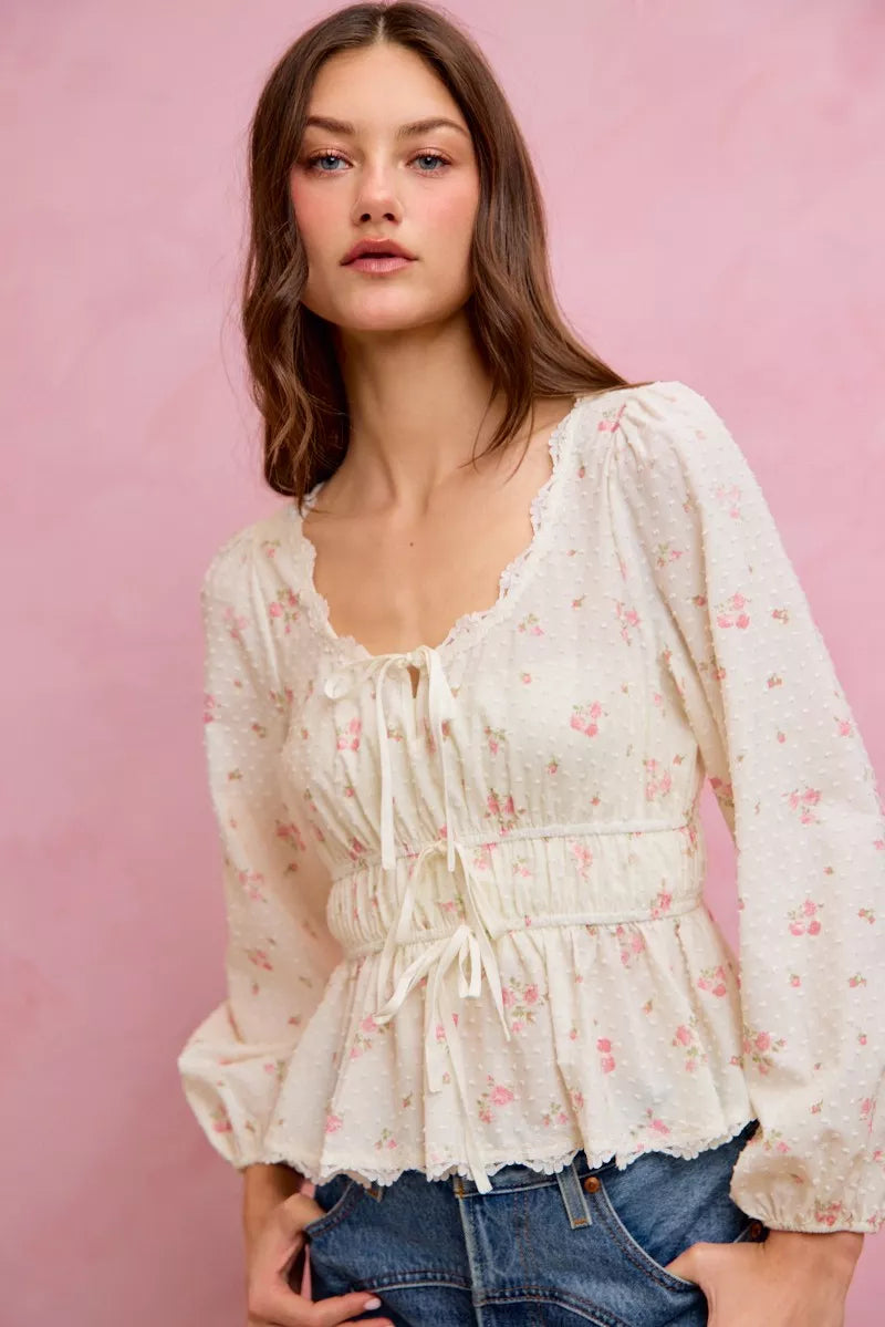 SO ME Floral Clip Dot Lace Trim Ruched Bodice Blouse