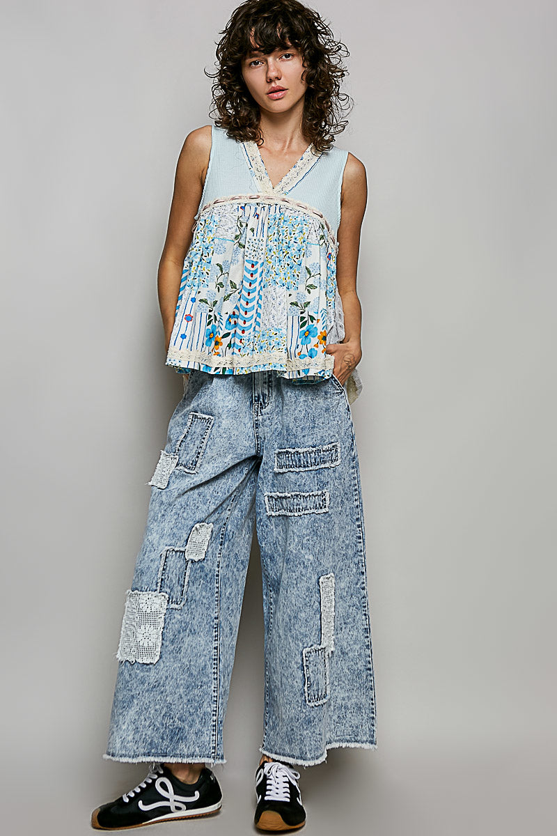 POL Floral V-Neck Sheer Tank with Lace Trim