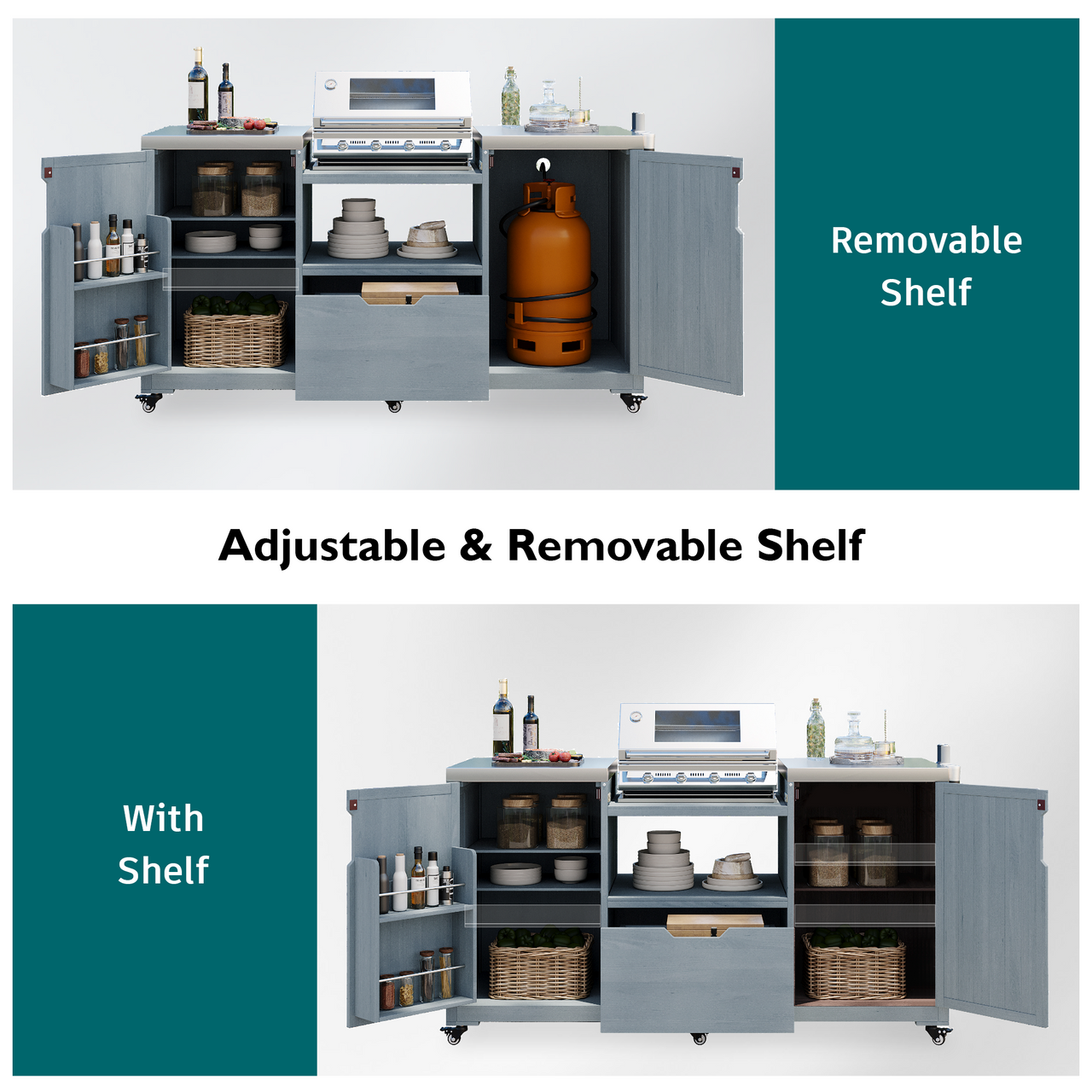 K&K 66.5' Outdoor Kitchen Island for Big Green Egg Grills, Solid Wood Outdoor Grill Cart for Tabletop Grill with Stainless Steel Top, Drawer, Compatible with Large Big Green Egg, Kamado Joe- Grey Blue