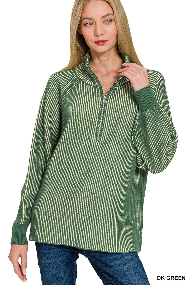 Zenana Ribbed Two Tone Half Zip Sweater