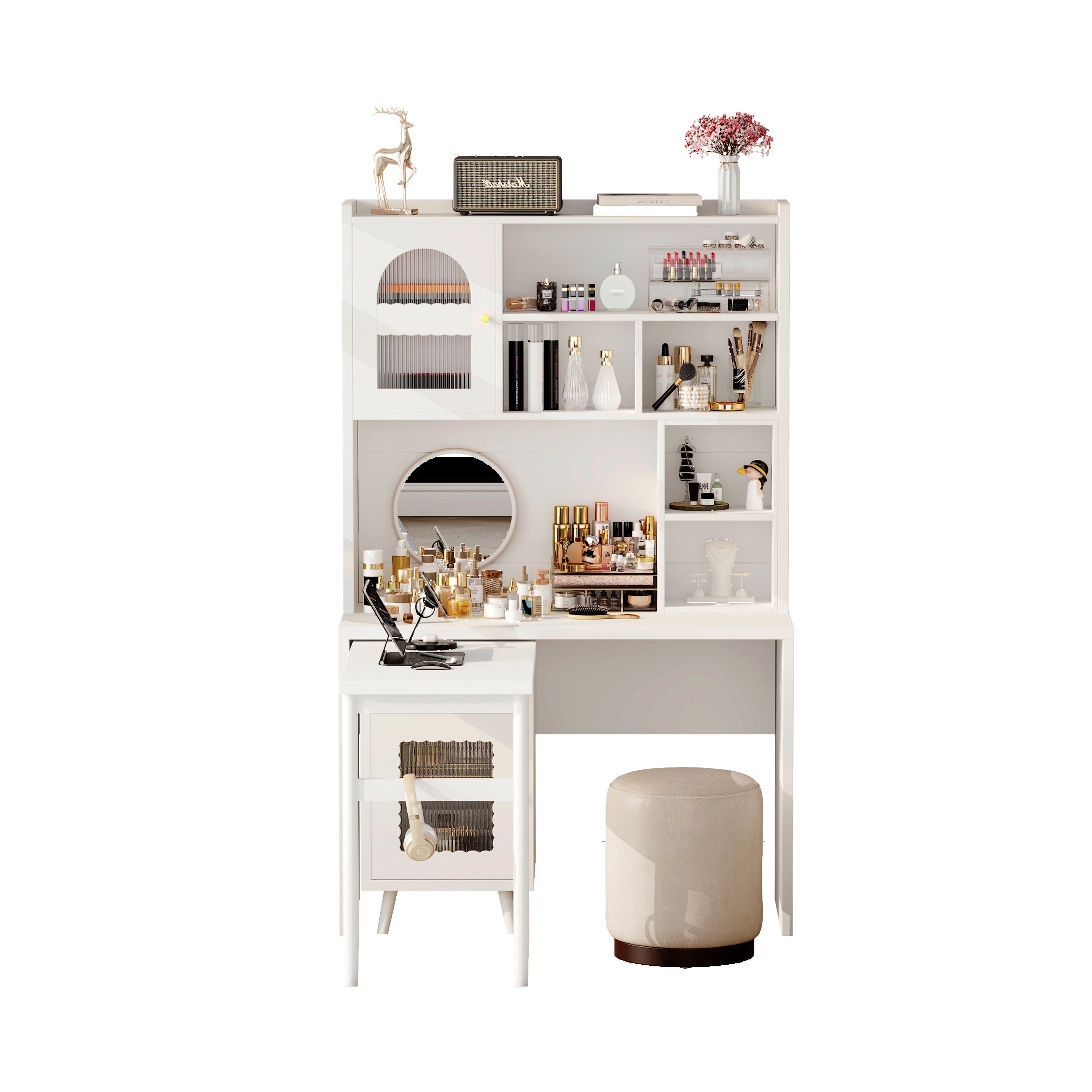 Computer Desk with 90 Degree Rotating Desktop, 43x70 Inch Office Desk with Storage Drawer and Cabinets, Gaming Desk with Shelves, Writing Desk for Study, Work Desk for Home (Old SKU:N733P279101K)