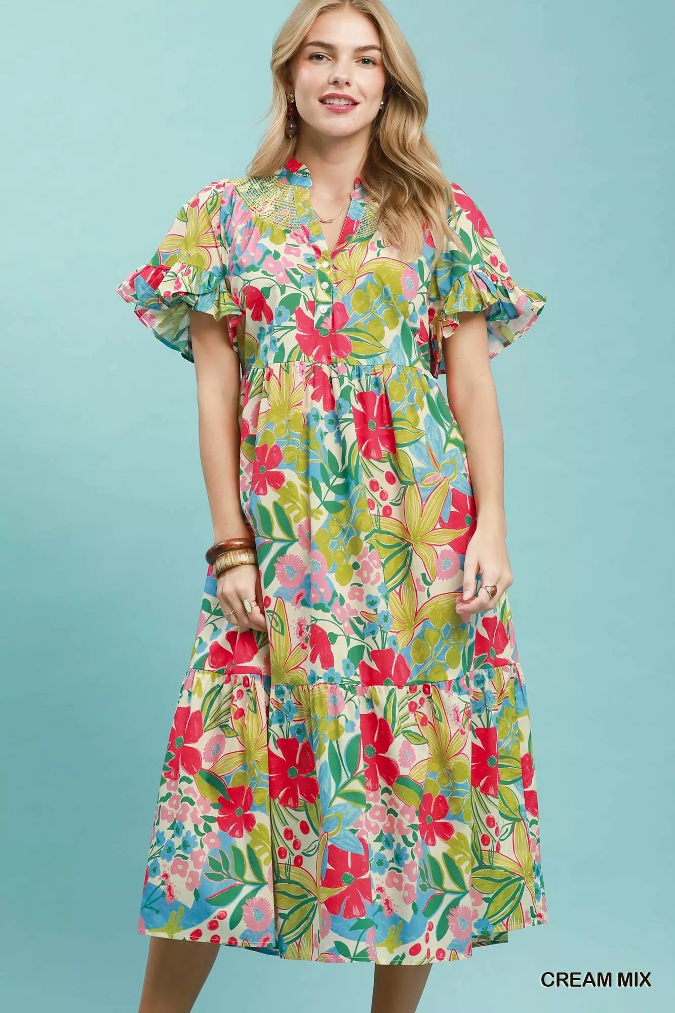 Umgee Tropical Floral Ruffle Sleeve Tiered Midi Dress