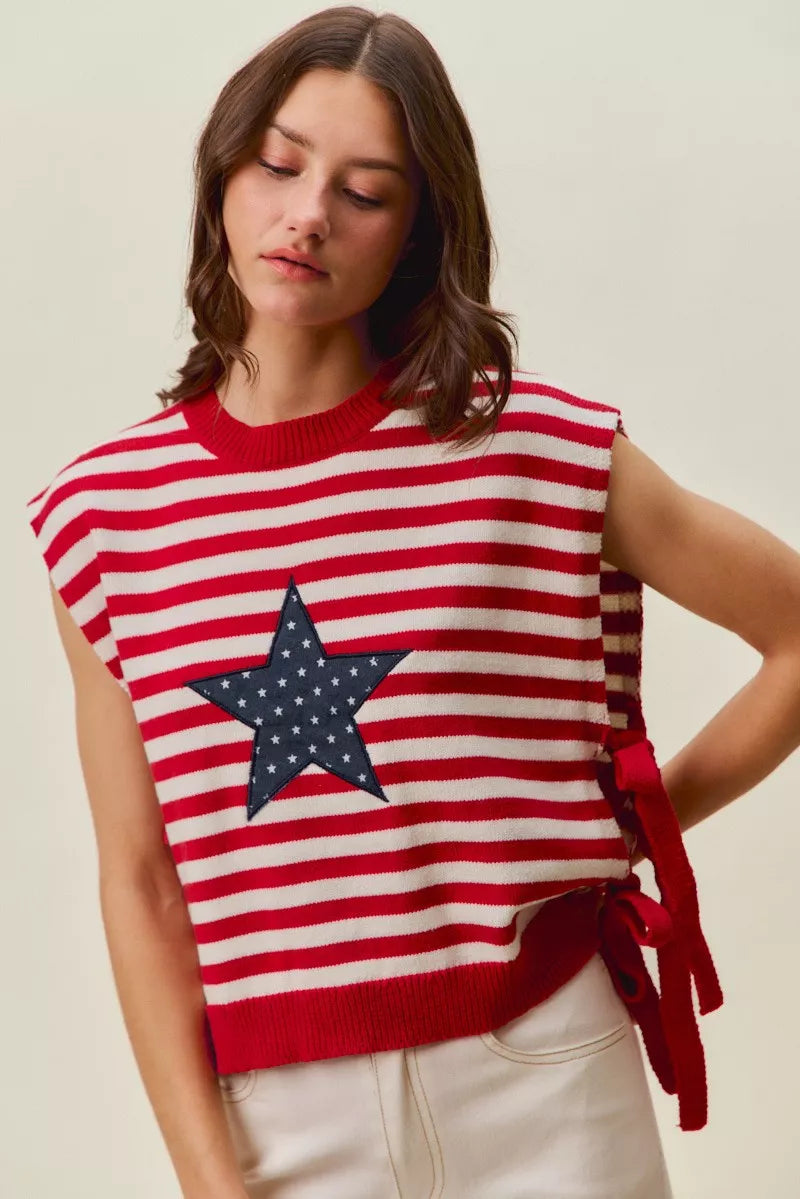 SO ME Stripe Star Patch 4th Of July Side Tie Vest Top