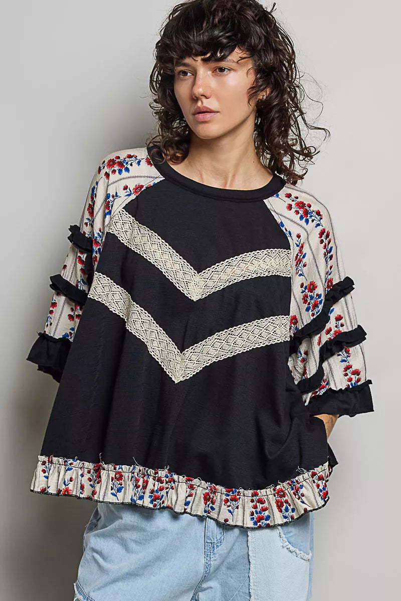 POL Round Neck Half Sleeve Contrast Floral Lace Oversized Knit Top