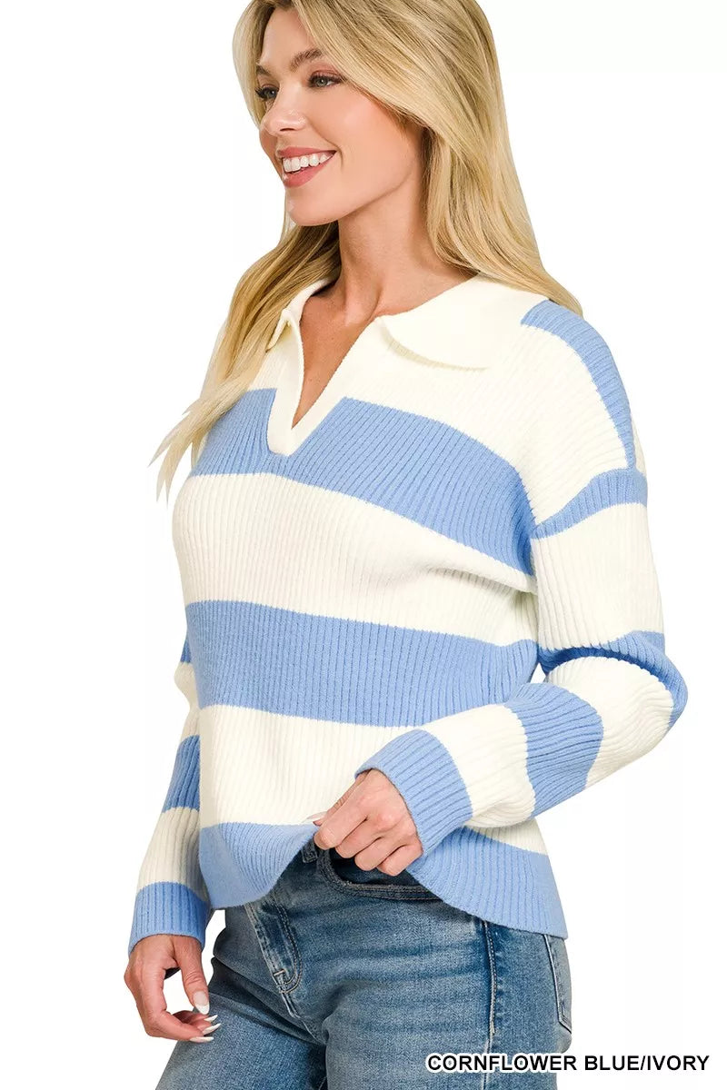 Zenana Striped Collared Sweater